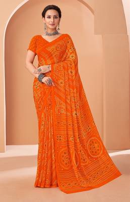 orange chiffon bandhani geometric printed saree with blouse  1