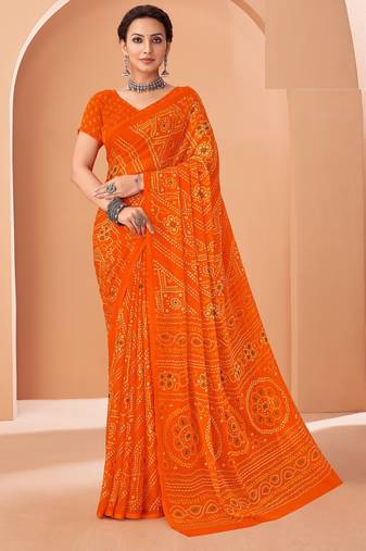 orange chiffon bandhani geometric printed saree with blouse 