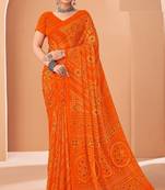 orange chiffon bandhani geometric printed saree with blouse 