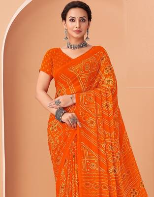 orange chiffon bandhani geometric printed saree with blouse  2