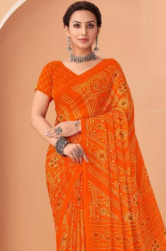 orange chiffon bandhani geometric printed saree with blouse 
