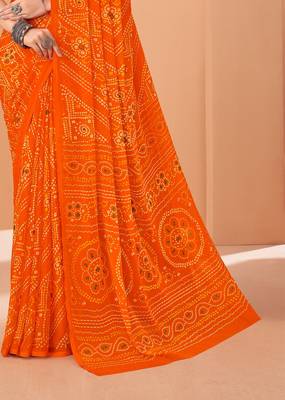 orange chiffon bandhani geometric printed saree with blouse  3