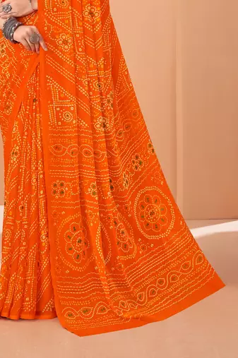 orange chiffon bandhani geometric printed saree with blouse 