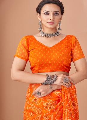 orange chiffon bandhani geometric printed saree with blouse  4