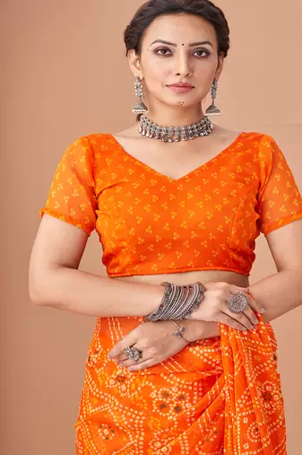 orange chiffon bandhani geometric printed saree with blouse 