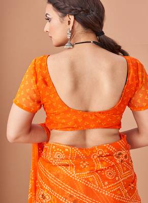 orange chiffon bandhani geometric printed saree with blouse  5