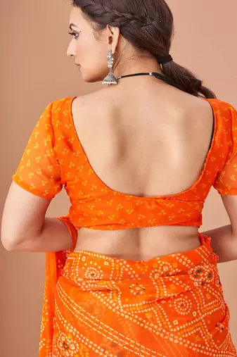 orange chiffon bandhani geometric printed saree with blouse 
