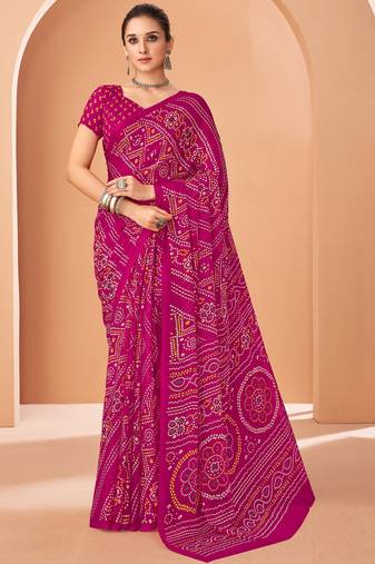 magenta chiffon bandhani geometric printed saree with blouse 