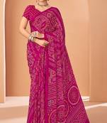 magenta chiffon bandhani geometric printed saree with blouse 