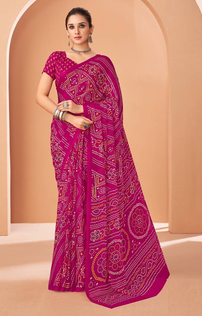 magenta chiffon bandhani geometric printed saree with blouse 