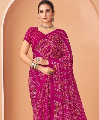 magenta chiffon bandhani geometric printed saree with blouse  2