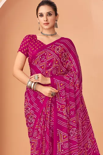 magenta chiffon bandhani geometric printed saree with blouse 