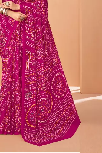 magenta chiffon bandhani geometric printed saree with blouse 