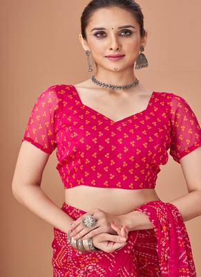 magenta chiffon bandhani geometric printed saree with blouse  4