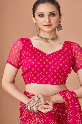 magenta chiffon bandhani geometric printed saree with blouse 