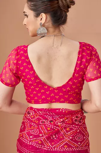 magenta chiffon bandhani geometric printed saree with blouse 