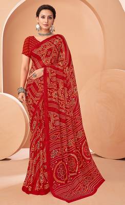 red chiffon bandhani geometric printed saree with blouse  1