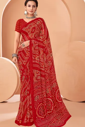 red chiffon bandhani geometric printed saree with blouse 