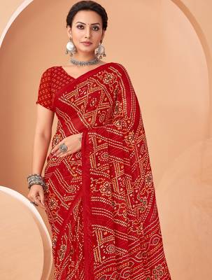 red chiffon bandhani geometric printed saree with blouse  2