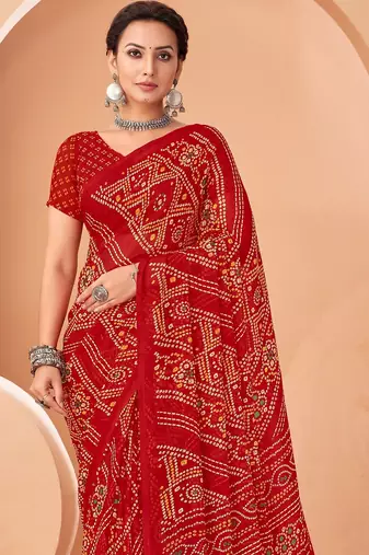 red chiffon bandhani geometric printed saree with blouse 