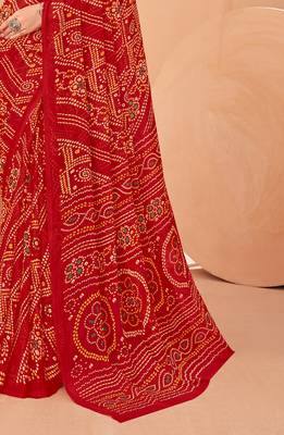 red chiffon bandhani geometric printed saree with blouse  3