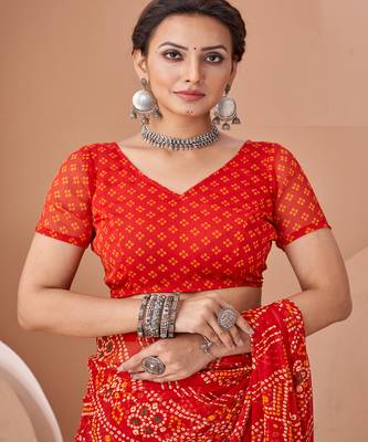 red chiffon bandhani geometric printed saree with blouse  4
