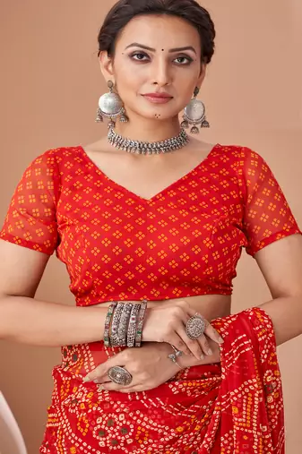 red chiffon bandhani geometric printed saree with blouse 