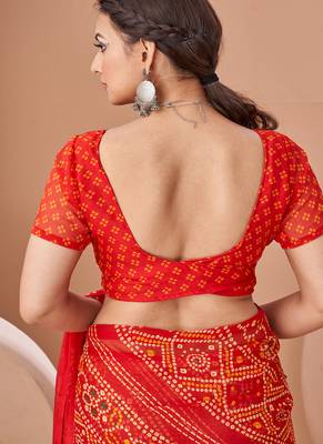 red chiffon bandhani geometric printed saree with blouse  5