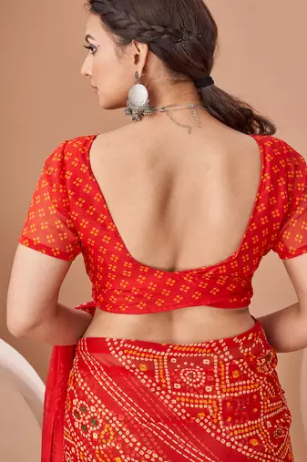 red chiffon bandhani geometric printed saree with blouse 