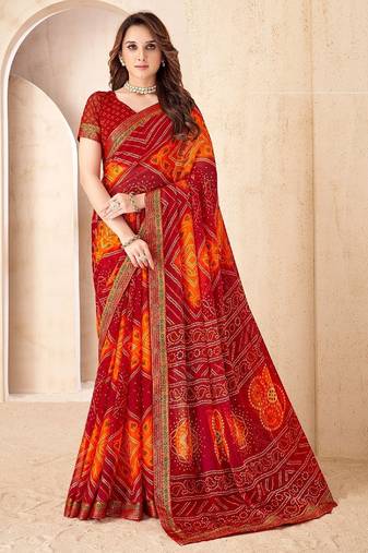 red orange chiffon bandhani double shaded printed saree with blouse 