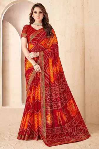 red orange chiffon bandhani double shaded printed saree with blouse 
