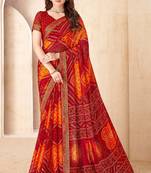 red orange chiffon bandhani double shaded printed saree with blouse 