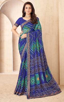 blue green chiffon bandhani double shaded printed saree with blouse  1