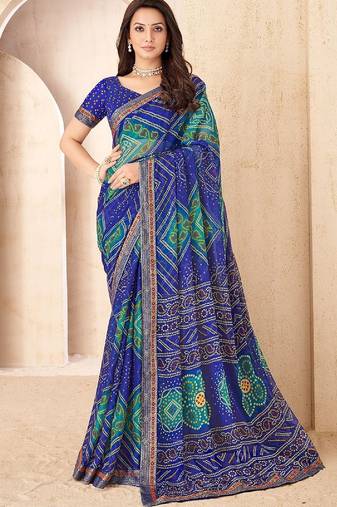 blue green chiffon bandhani double shaded printed saree with blouse 