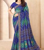 blue green chiffon bandhani double shaded printed saree with blouse 