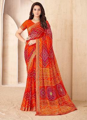 orange pink chiffon bandhani double shaded printed saree with blouse  1
