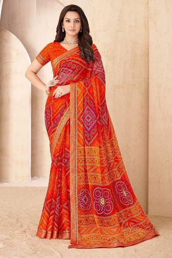 orange pink chiffon bandhani double shaded printed saree with blouse 