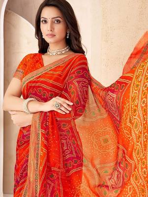 orange pink chiffon bandhani double shaded printed saree with blouse  2