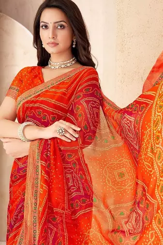 orange pink chiffon bandhani double shaded printed saree with blouse 