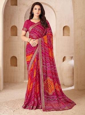 magenta chiffon bandhani double shaded printed saree with blouse  1