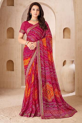 magenta chiffon bandhani double shaded printed saree with blouse 