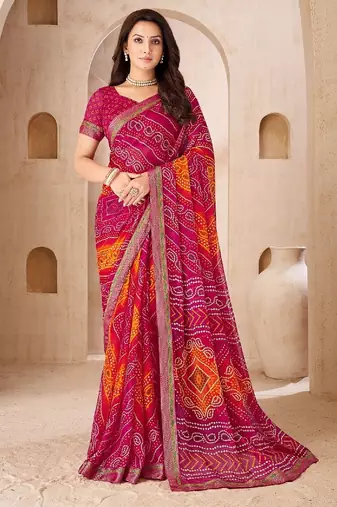 magenta chiffon bandhani double shaded printed saree with blouse 