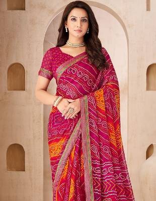 magenta chiffon bandhani double shaded printed saree with blouse  2