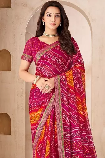 magenta chiffon bandhani double shaded printed saree with blouse 