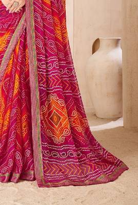 magenta chiffon bandhani double shaded printed saree with blouse  3