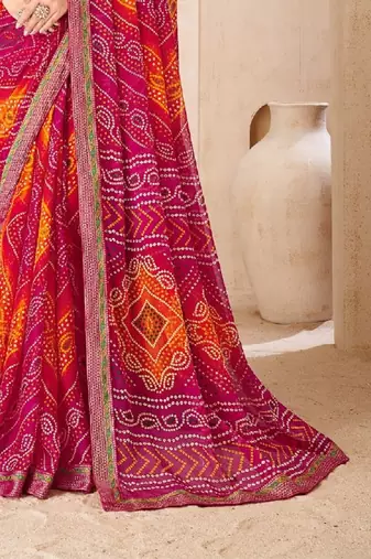 magenta chiffon bandhani double shaded printed saree with blouse 