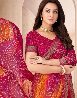 magenta chiffon bandhani double shaded printed saree with blouse  4
