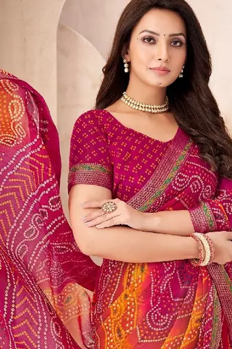 magenta chiffon bandhani double shaded printed saree with blouse 
