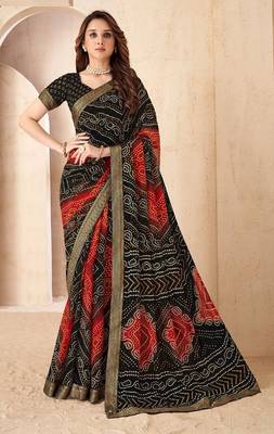 black red chiffon bandhani double shaded printed saree with blouse  1