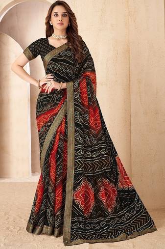 black red chiffon bandhani double shaded printed saree with blouse 